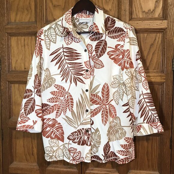 Alfred Dunner Women's 10 Cream Tan & Rust Sheer Blouse 3/4 Sleeve Button-Up Top - Picture 1 of 9